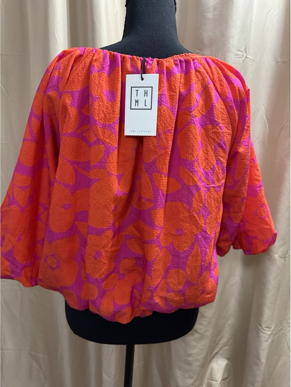 THML Floral Off Shoulder Blouse Women’s M Pink Orange NWT Boho Balloon Sleeve - Picture 4 of 8
